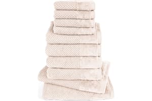 ‎PURE LABEL Pure Label 10-TLG. Handtücher Set mit Aufhängeschlaufen aus 100% Baumwolle, saugstark und weich - 2X Badetuch (70x140 cm) 4X Handtuch (50x100cm) 4X Gästetuch (30x50 cm), Creme