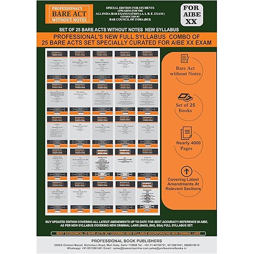 PROFESSIONAL\'S AIBE Exam 25 Bare Acts Set without Notes New Syllabus, Complete Set of 25 Books Combo per BCI Guidelines with 