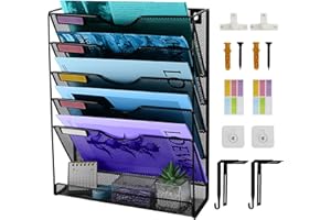 HIHOBDAY 6 Tier Hanging Wall Magazine File Holder, Wall Mounted File Organiser, Mental Mesh Magazine Rack Hanging, A4 Office Wall Organisers, Wall File Organizer Stationary Organiser for Office Home