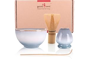 Goodwei Ensemble à Thé Matcha Premium - Bol de cérémonie, Fouet et Support (Moya, 80), Céramique, 320 ML