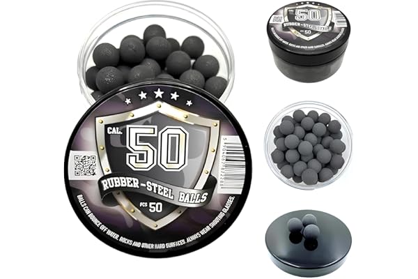 50 pcs Rubber-Steel Balls in 50 Caliber Hard Mix Rubber Steel Balls Paintballs Reballs Resuable Projectiles Powerballs for Self Home Defense Pistols and Training in .50 Cal.