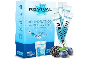 REVIVAL SHOTS Revival Rapid Rehydration, Electrolytes Powder - Vit. C, B1, B3, B5, B12 Bebida en Sobre, Tabletas Hidratación - 6 Paq. Baya Tropical