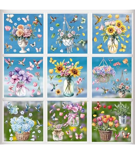 Quadri Per Finestra Primavera – 9 Pz Adesivi Floreali 30x20 Cm, Elettrostatici, Riutilizzabili, Decorazione Vetro