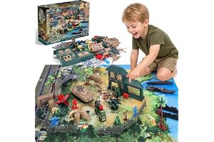 deAO 120‑deligt Militärlekset, Minisoldatfigurer och Tillbehör för Barn | Vapenlekset med Stridsvagn, Flygplan, Flaggor, Lekmatta och Stridstillbehör, Soldatfigurer, Present för Pojkar