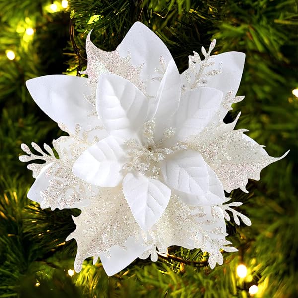 Geosar 30pcs Artificial Christmas Berry Picks - White Glitter Snowflake Stems, 7.87 Inch, For Tree Decor, Crafts, Vases