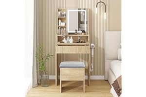 YOURLITE Dressing Table with LED Lights, 3 Light Colors, Adjustable Brightness, Vanity Desk with Mirror and Drawers, Makeup Desk with Cushioned Storage Stool Charging Station for Bedroom