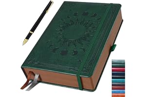 HwxBen Green Journal for Men & Women, Daily for Classic Lined Writing, 360 Pages Hardcover Journaling Notebook with Pen, Vintage Sun & Moon Design, A5 (5.9'' x 8.5'')
