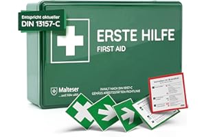 ‎FLEXEO Verbandkasten C nach neuer DIN 13157:2021, mit Wandhalterung/Wandmontage, Betriebsverbandkasten/Erste-Hilfe-Kasten für Betriebe, Büro & Baustelle gemäß ASR, grün