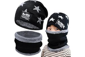 Axinyijia Bonnet Tour de Cou Polaire pour Enfant, Ensemble Bonnet d'hiver et Cache Cou Garcon, Packs Bonnet Écharpe avec Doublure Polaire Enfant 5-10 Ans
