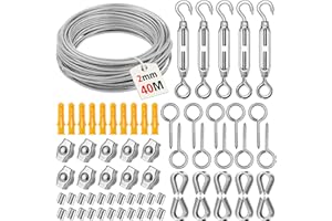 CGBOOM 40M 2MM Garden Wire Rope Kit – 304 Stainless Steel Cable with M5 Turnbuckles, M5 Eye Screws, Rope Clamps, Thimbles & Tools for Fence Wire, Plant Support, Trellis, Outdoor Lights & DIY Projects