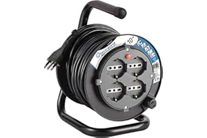 Electraline 49212 prolunga elettrica con avvolgicavo 10M 4 prese polivalenti P40 (Schuko + 10/16A), spina grande 16A, con protezione