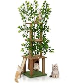 Ultra Tall 5 Tier Cat Tree (195cm) - Natural Wood Scratching Tree with Artificial Green Plants, Versatile for Natural Climbin