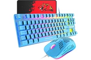 XINMENG RGB Gaming Keyboard & Mouse, 88 Keys Rainbow Backlit, QWERTY UK Layout Mechanical feel Ergonomic Keyboard + 6400DPI Ultra-Light Honeycomb Shell Gaming Mouse,for PS4,PS5,Xbox,PC,Laptop,MAC, Blue