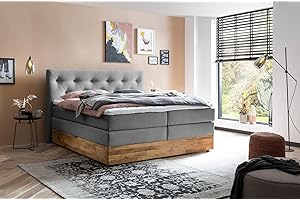 Belanoti MARBO Boxspringbett 180x200 mit Bettkasten 7-Zonen Taschenfederkern Matratze inklusive Visco Topper Bett 180x200 Eiche in der Farbe Anthrazit H2/H3 Polsterbett mit Massivholz Eiche