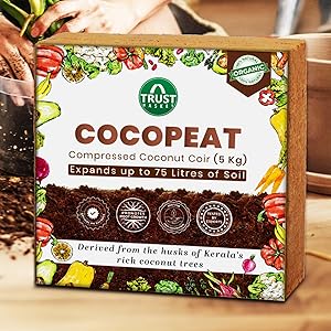 TrustBasket Premium Cocopeat 5kg (Expands Upto 75 litres) | Kerala Coconut Husk | Superior Water Retention | Organic Coco Coir for Plants | Expandable Cocopeat Block Outdoor Gardening