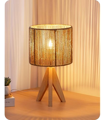 EDISHINE Lampada da Comodino in Legno, Paralume in Lino, Lampadina E27 2700K Bianco Caldo Inclusa, Lampada da Tavolo Moderna a LED per Camera, Soggiorno, Ufficio, Treppiede di Color Legno Chiaro