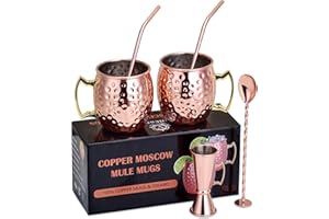vancasso Bicchieri Cocktail, Set 2 Tazze Bicchieri Moscow Mule Rame 400 ML con 1 Jigger, 2 Cannucce e 1 Cucchiaio per Mescolare, Rivestimento in Acciaio Inox, Tazza per Vodka e Birra, Regalo Perfetto