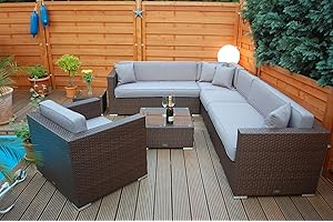 Ragnarök-Möbeldesign PolyRattan Lounge DEUTSCHE Marke - EIGNENE Produktion - 8 Jahre GARANTIE auf UV-Beständigkeit - Garten Möbel Glas Polster braun Gartenmöbel Aluminium Sofa Sessel grau