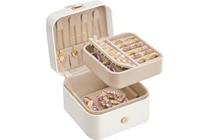 SONGMICS Resesmyckesbox, Liten Smyckesväska, 2 Nivåer, Bärbar Smyckesväska, för Stora Accessoarer, 11,2 x 11,8 x 7,2 cm, Pres