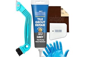TOOLERA Tile Grout Repair Kit (5Pcs Set), Premixed Tile Grout (Grey - 13.4 Oz / 380gr), Grout Removal Tool, Spatula, Waterproof Grout Filler for Bathroom, Kitchen, and Floor Tiles (Grey)