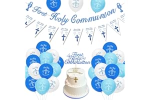 SWPEED Holy Communion Decorations, First Communion Decorations Confirmation Decor,Blue Banner Pennant Bunting,Balloons,Cake Topper for Boys Christening Gifts