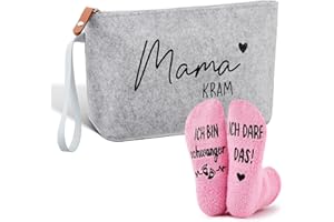 Jadive 2 Stück Geschenkset für Werdende Mütter Mama Kram Kosmetiktasche aus Filz mit Reißverschluss Schwangerschaft rutschfeste Socken für Neue Mama Frauen Babyparty Verkünden (Hellgrau, Rosa)