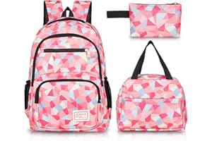 Sarmeley Backpack School Bag Lightweight for Girls Boys, 3 in 1 Book Bag Set Large Capacity, Waterproof Rucksack with Lunch Bag and Pencil Case for Kids Children Students Teenagers, Pink