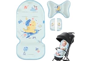 AIRCADIA Sitzauflage Kinderwagen Sommer Kinderwagen, 5 Punkt Gurt Kühlkissen Weiche Atmungsaktive, 3 Stück Kühler, Kissen Schulterpolster, Kopfkissenkinder, Mit Niedlichen Tieren (Dino)