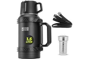 LEBENLANG Thermosflasche 1,5 Liter - 24h Heiß Inkl. Becher, Teesieb, Tragegurt I Trinkflasche Thermobecher 1 5 Liter Thermoskanne I Getränkeflasche Edelstahl Termoflaschen Isolierflasche Thermo Cup