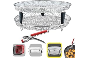 FRYUP® Rejilla Air Fryer Redonda [21x21cm] - Compatible con CECOTEC [5,5L, 6L, 6,4L]- Rejilla para Freidora de Aire - Accesorios Freidora de Aire Cuadrada Sin Aceite - 2 Rejillas + Pinzas para Rejilla