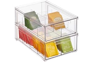 mDesign Organizer do szuflady - Przezroczyste pudełko z przegródkami wykonane z odpornego plastiku - Prosty i wygodny pojemnik na herbatę do spiżarni, lodówki i szafki - Zestaw 2 - Przezroczysty