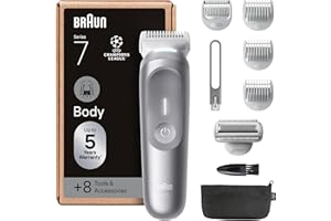 ‎BRAUN Braun Bodygroomer Series 7, Elektrischer Körperrasierer Herren mit 8 Zubehörteile, Kabelloser Trimmer für Intimbereich und Körper, 100 Min Akku, Wasserdichter Körperhaartrimmer, BG7555, Grau