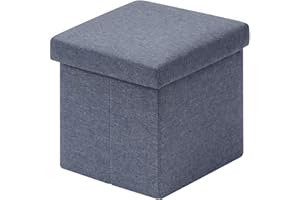 Bonlife Blue Linen Fabric Folding Small Ottoman Storage Box,Footrest Seat Cube Footstool and pouffes Toy Chest Box with Lid for Living Room 30cm