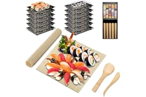 Mbsomnus 20Pcs Sushi Making Kit-12Pcs Catering Trays with Lids Reusable 1 Bamboo Sushi Mat 5 Pairs Chopsticks 1 Rice Spreader and Paddle Sushi Making Set for Beginners DIY Sushi Buffets