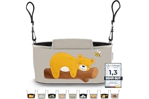 GRINSEZWERGE Kinderwagen Organizer 12 Motive mit Feuchttuchspender I Kinderwagen Tasche mit Schultergurt I Kinder Buggy Organizer I Kinderwagentasche Aufbewahrungstasche Baby Stroller Bag grau Bär