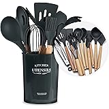 Hescom - 12-delig siliconen keukengerei set met houder - Kookgerei - Duurzaam hout - Antraciet