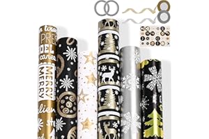 GTUZKHEU Papel Regalo Navidad 6 Rollo 43x300 CM Papel de Regalo Navidad con Motivos de Alce, Estrella y árbol de Navideña Ideal para Regalos de invierno, Cumpleaños y Decoración Navideña (08)