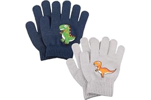 SATINIOR 2 Pairs Full Fingers Kid's Knit Winter Thermal Gloves Soft Magic Warm Stretch Gloves for Boys Girls, Navy and Gray