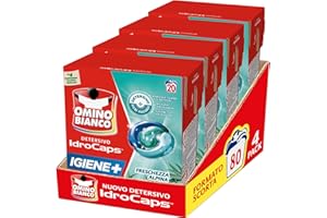 Omino Bianco Idrocaps - Detersivo Lavatrice in Capsule Igiene, 80 Lavaggi, Efficace a Basse Temperature, Profumo Freschezza Alpina, 20 Caps x 4 Confezioni