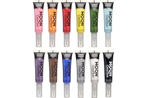 Moon Creations Tuben für Gesichts- und Körperfarbe mit Pinselapplikator, 12er-Set, 15 ml, gebrauchsfertig, tierversuchsfrei, Gesichtsfarbe, Kostüme, Feste, Halloween für Kinder, Erwachsene (blau)