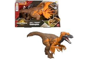 Mattel Jurassic World La Rinascita Utahraptor Ruggito Selvaggio, dinosauro giocattolo con attacco multidirezionale azionato con la coda e suoni, snodato, gioco digitale, JGC80
