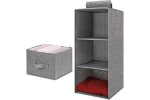HONEUEUEN Hanging Storage with 3 Shelves Wardrobe Closet Organiser, Hanging Storage Shelves with 1 Removable Drawers, Space-Saving & Foldable Hanging Wardrobe Storage for Bedroom or Garment Rack, Grey
