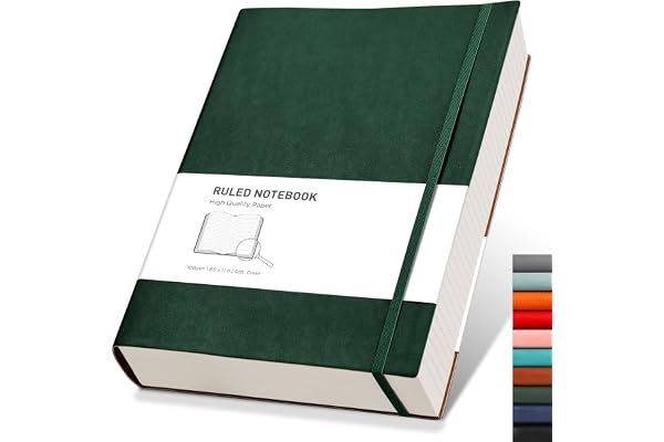 RETTACY Carnet de Notes Ligné A4 – Journal épais avec 320 pages numérotées, 1 poche arrière et couverture souple de haute qualité, pour femmes et hommes, au bureau ou à l'école, 21.5 x 27.9cm - Vert