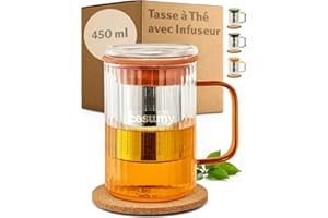 Cosumy Tasse Thé avec Infuseur et Couvercle, 450ml - Mug Thé en Verre Borosilicate avec Sous-Verre en Liège et Poignées Colorées (Orange)