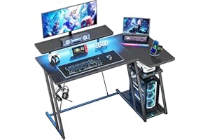 HOMIDEC Gaming Desk with LED Lights, 100CM Computer Desk with Monitor Stand, L Shaped Corner Desk with Headphone Hook and Shelves for Gaming Room, Bedroom, Office, Black