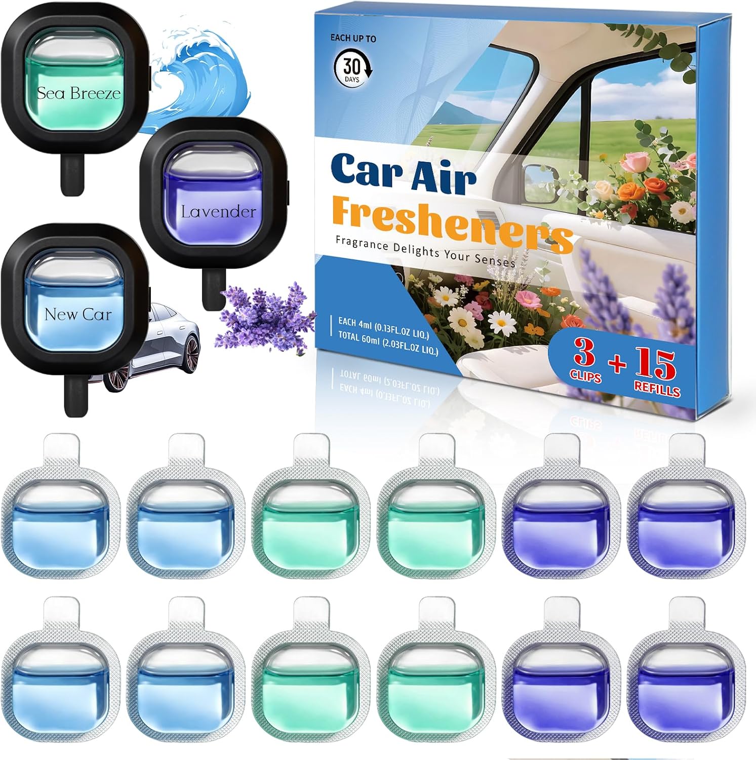 DERDUFT Car Air Freshener Vent Clip Kit – 3 Diffusers & 12 Refills, Long Lasting Car Fragrance for Daily Commute & Road Trips, Reusable Leakproof Vent Air Freshener, New Car, Lavender, Sea Breeze