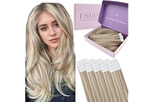 ‎FSHINE Fshine Tape in Extensions Echthaar Hellbraun Highlights Platinblond 55cm 50g 20 Stücke Echte Haar Haarverlängerung Echthaar Tape in Extensions Farbe 18P613