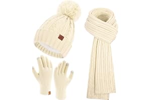Bequemer Laden Femmes Hiver Chaud Bonnet Pompon Gants Tactiles Longue Echarpe Ensemble Tricot avec Doublure Polaire Cadeaux Noel Femme