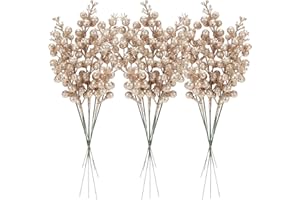 Sea Team 24-Pack Artificial Glitter Holly Berry Twig Ornaments, Decorative Fruit Sticks, Glittery Stems, Picks, Branches for Christmas Tree, Small Vase, Holiday, Wedding, Party, 11-inch, Champagne