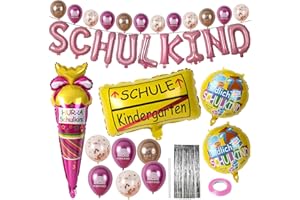 HSSPYY 33-tlg. Einschulung Deko Set Pink – Schulanfang Ballon Deko mit SCHULKIND Folienballons, 12 Latexballons (Champagner & Rosa), Eisballon, Regenvorhang & Zubehör für Mädchen & Jungen